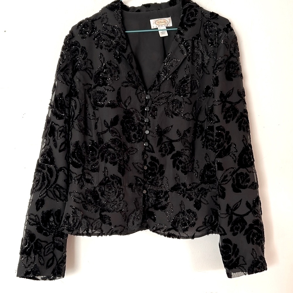🌞 Talbots blazer metallic velvet rose embossed dressy black jacket women 12P